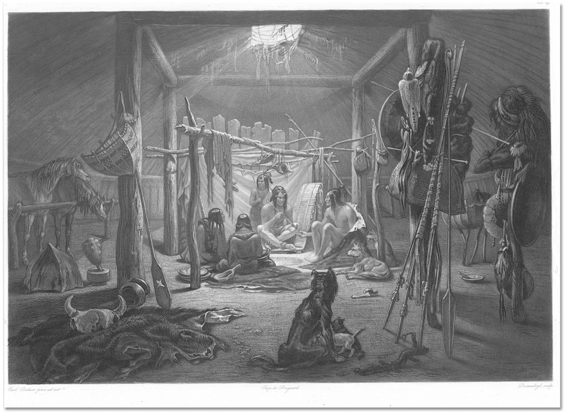 Interior of the Hut of a Mandan Chief. Engraving of a watercolour by Karl Bodmer [ca. 1832]