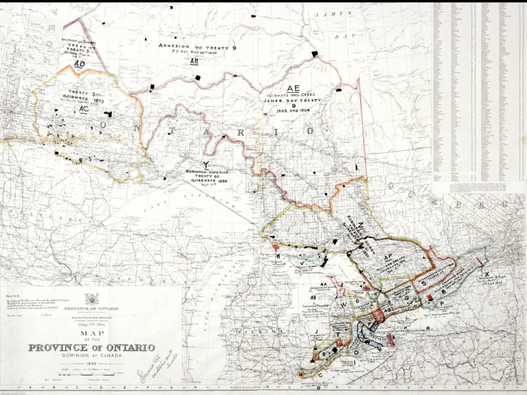 Map showing Indian treaties in Ontario, Dominion of Canada.