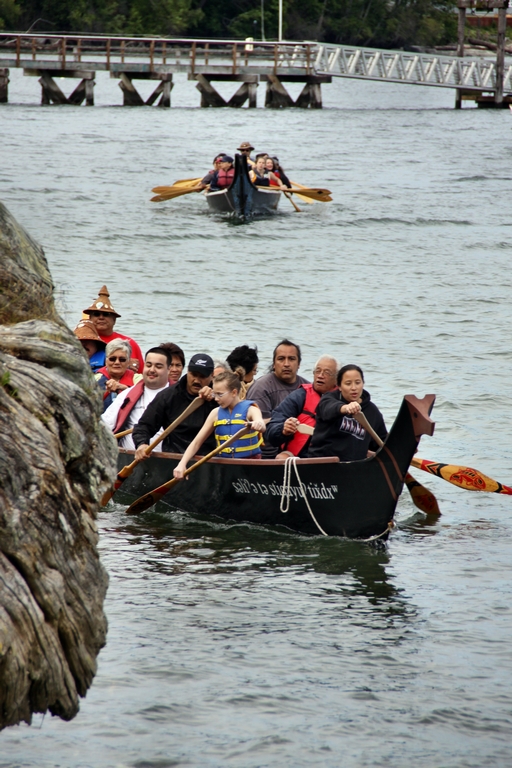 This is one way to arrive at a potlatch - in ceremonial style! Culture is ever evolving. At most First Nations ceremonies and celebrations you will see a mix of traditional and modern influences.